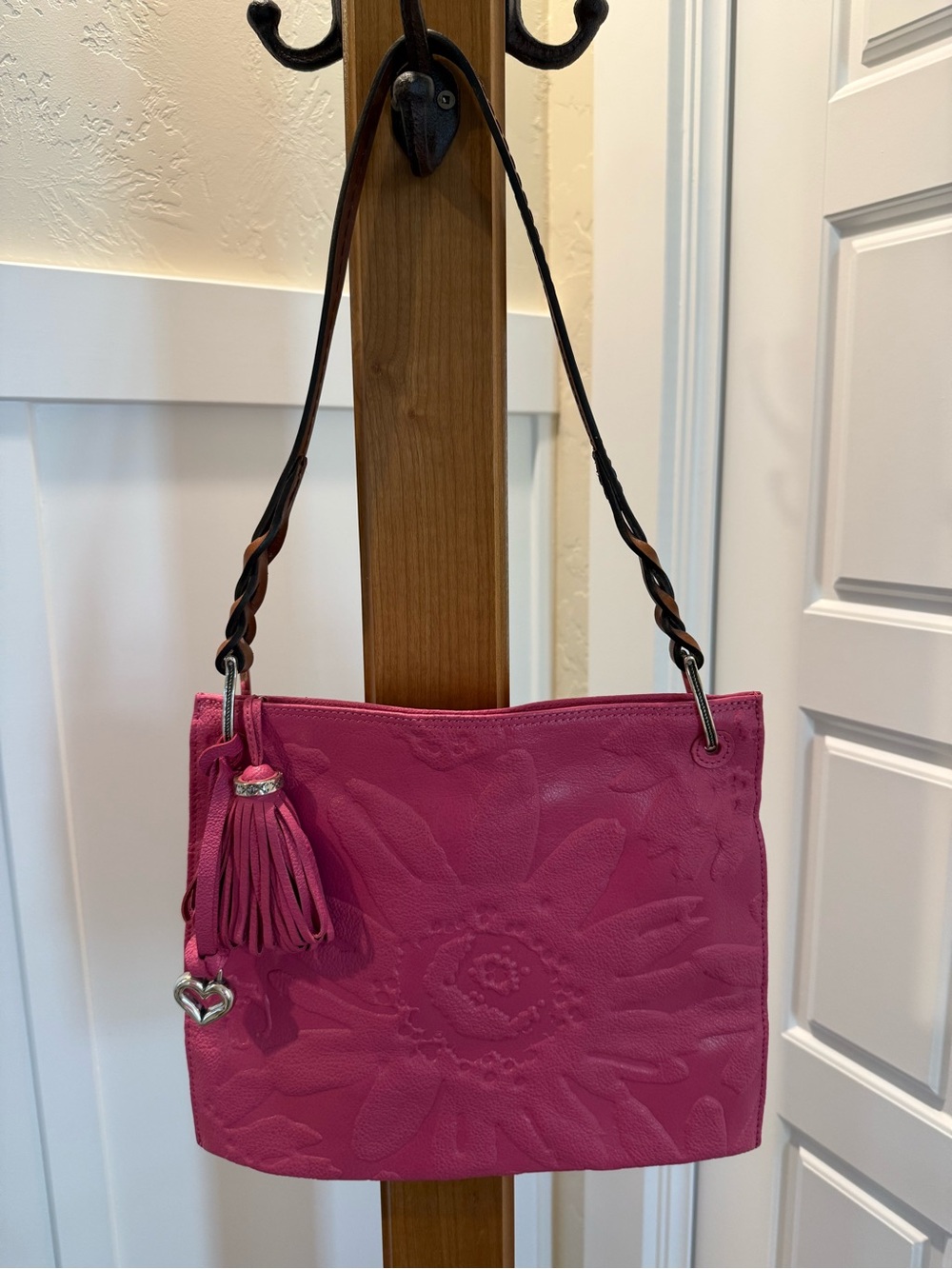 Brighton Tooled Leather Pink Shoulder Bag. Lovely tooled flower